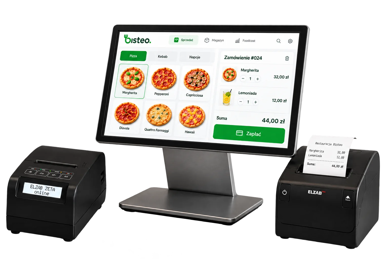 Bisteo POS na ekranie dotykowym z widokiem zamówienia i menu